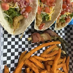 Fried shrimp tacos, sweet potato fries &amp; bacon wrapped asparagus