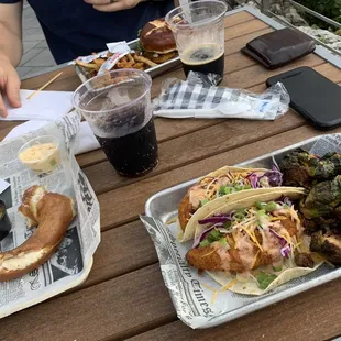 Perch tacos, pretzel, oast burger, fries, Brussels sprouts
