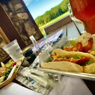 Salad and perch tacos