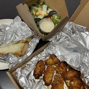 Cesar Caesar Salad, Cheesy Garlic Bread, and Chicken Wings
