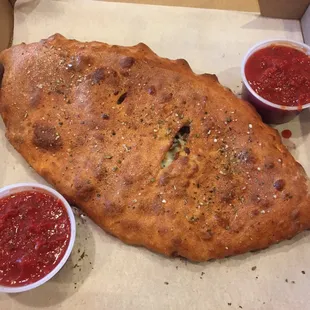 Calzone filled with meatball, black olives &amp; mushrooms!
