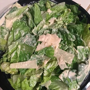 Large Caesar salad with dressing mixed in.