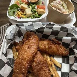 Fish &amp; Chips with side salad, fries, &amp; cole slaw.