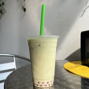 Matcha Milk Tea with Strawberry Popping Bubbles