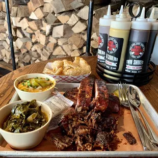 Pork rinds (complimentary) and Blue Sky combo: burnt ends brisket + pork ribs + collards + brisket chili.