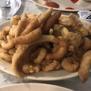 One plate we shared . Baked potato, deviled crab  and slaw not pictured .