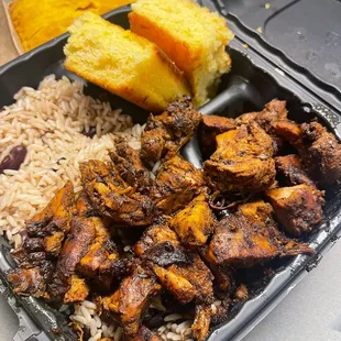 Jerk Chicken, Beans and Rice, Cornbread