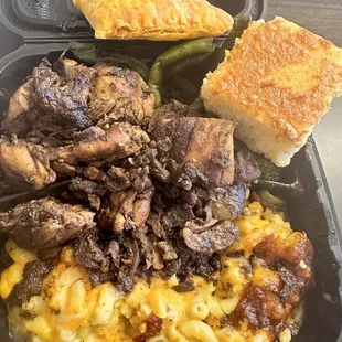 Jerk Chicken &amp; Beef Meal with Mac &amp; Cheese and Spicy Beef patty and Honey Cornbread