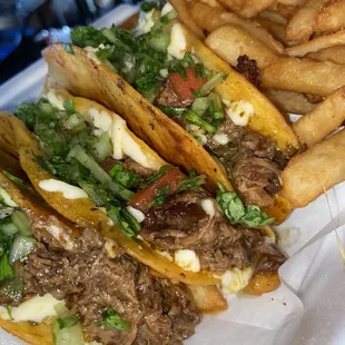 a plate of tacos and french fries