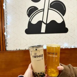 Black Milk tea with boba and Mango Green Tea with crystal boba