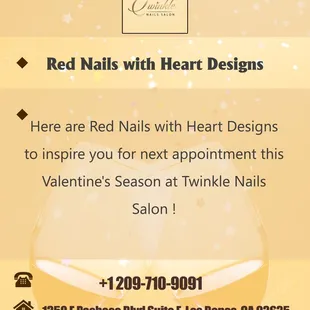 Here are Red Nails with Heart Designs to inspire you for next appointment this Valentine's Season at Twinkle Nails Salon!