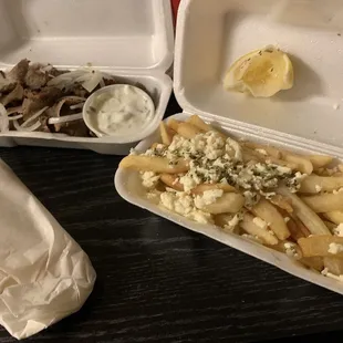 Gyros sandwich and Greek fries