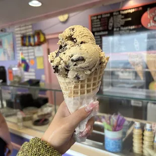 Coffee cookies and cream in a waffle cone