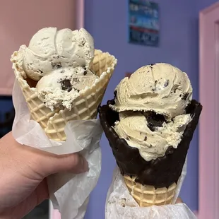 Coffee cookies and cream in a waffle cone and the Kahlua brownie in a chocolate dipped waffle cone