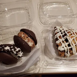 Whoopie pies (cookies and cream and chocolate chips) and a dark chocolate cranberry scone