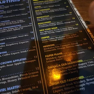 the menu of a restaurant