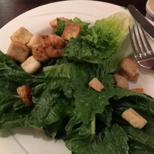 Shrimp Caesar salad with dressing on the side. Delicious.