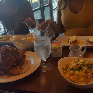 Eggs benedict x2, chicken and waffles, and lobster mac and cheese