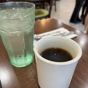 a cup of coffee and a glass of water