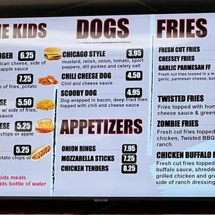 Menu - for the kids, hotdogs, appetizers and fries