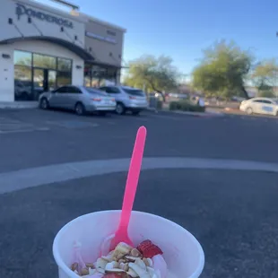 Coconut and strawberry. With cheesecake bits, peanut butter chips, yogurt chips, and a few slivered almonds. So good