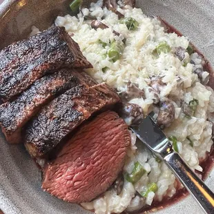 Steak and Mushroom Risotto (GF) $32.00 Petite tender, asparagus, and pecorino.