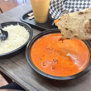 Butter Chicken, Garlic Naan, Mango lassi