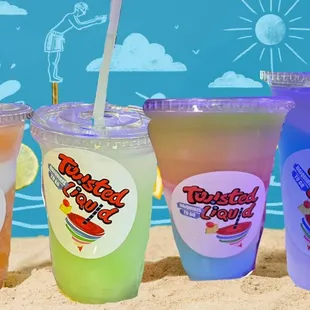 Dreamsicle, The Perfect 10, Twisted Liquid, Blue Hawaiian daiquiris shown here.