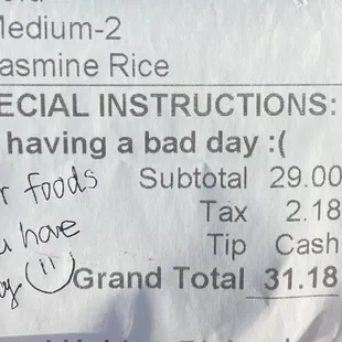 a receipt for a special instructions