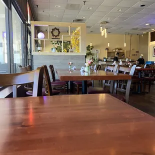 a table and chairs in a restaurant