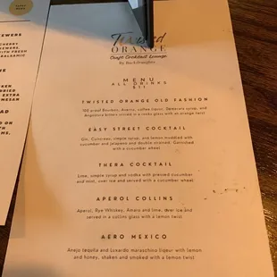 Craft cocktail menu