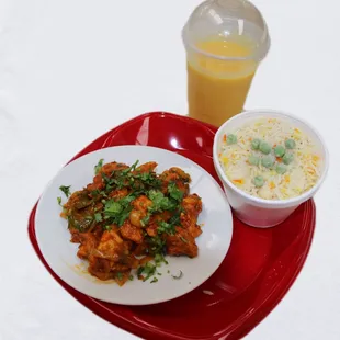 Chicken chilli and Mango Lassi