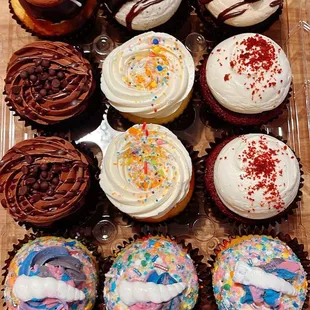 Top left to right (some kind of vanilla &amp; chocolate; oreo; PB brownie; chocolate; vanilla; red velvet; unicorn.