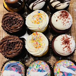 Top left to right (some kind of vanilla &amp; chocolate; oreo; PB brownie; chocolate; vanilla; red velvet; unicorn.