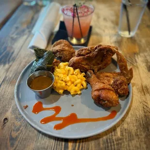 Southern Marinated Fried Chicken (Three Cheese Mac, Sweet Potato Apple Chutney, Braised Collard Roll with Pot Liquor)