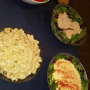 Pasta salad, tuna fish, and egg salad