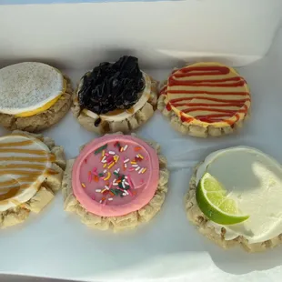 Banana Cream, Cookies and Cream, Lemon Raspberry, Salted Caramel Sugar Cookies, Frosted Sugar cookie, and Twisted Sugar Cookie.