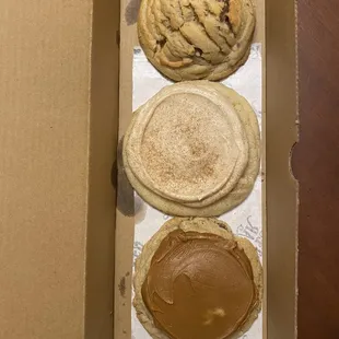 Chocolate Chip Cookie,  frosted snickerdoodle, Oatmeal Chocolate Chip with Cookie Butter