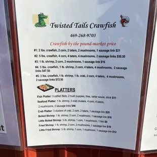 a menu for the restaurant