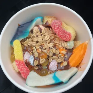 Fruity ice cream with candy toppings.