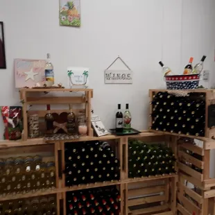 a wine rack with wine bottles