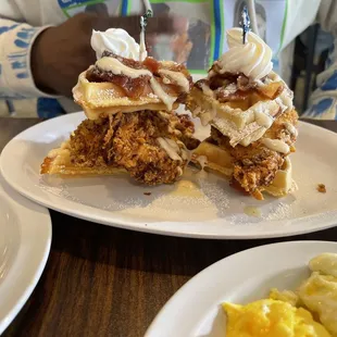 Chicken and waffles with the maple bacon on top