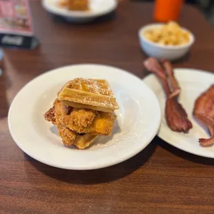 Chicken and Waffles, Bacon, Seasoned Potatoes