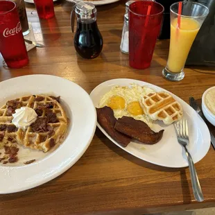 Maple Cream Bacon Waffle, Breakfast Sampler with Bacon and Side Grits, Orange Juice