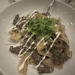 short rib stroganoff -- short rib is braised and a bit drier than you'd typically eat but still so good!