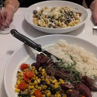 Mushroom stroganoff and hanger steak