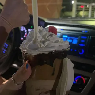 Peanut butter and hot fudge sundae with chocolate soft serve