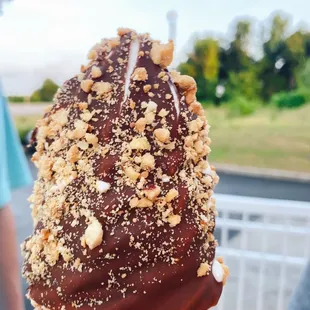 a hand holding a chocolate covered ice cream cone