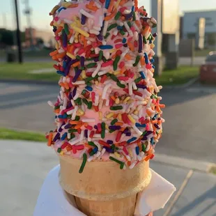 strawberry and vanilla mix with sprinkles on a medium cake cone