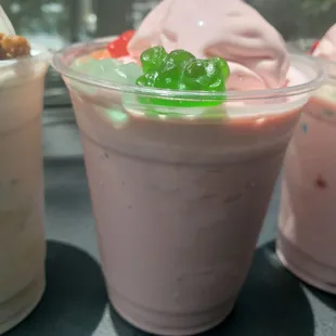 Strawberry ice cream with gummy bears topping (also mixed in the ice cream).